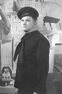 Sailor in vintage uniform with painted backdrop